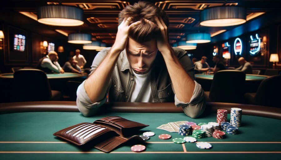 Scene showing a man struggling with a casino gambling addiction, sitting at a gaming table with an empty wallet, looking as though he has lost all his money gambling