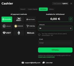 Betify Casino withdrawals page