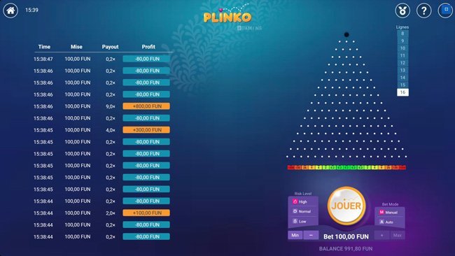 Configuration for high-roller players in Plinko