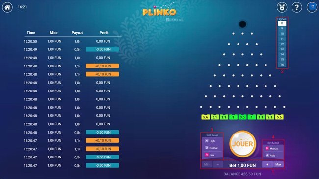 Explanation of bet, risk, rows and bet mode in Plinko