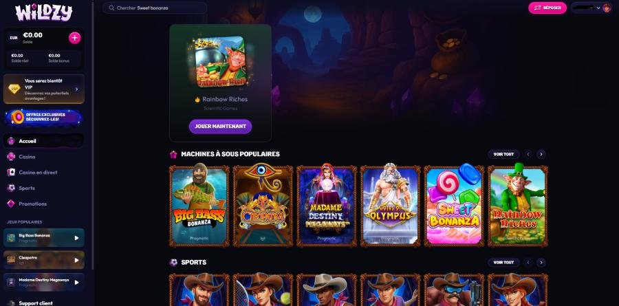 Wildzy Casino homepage
